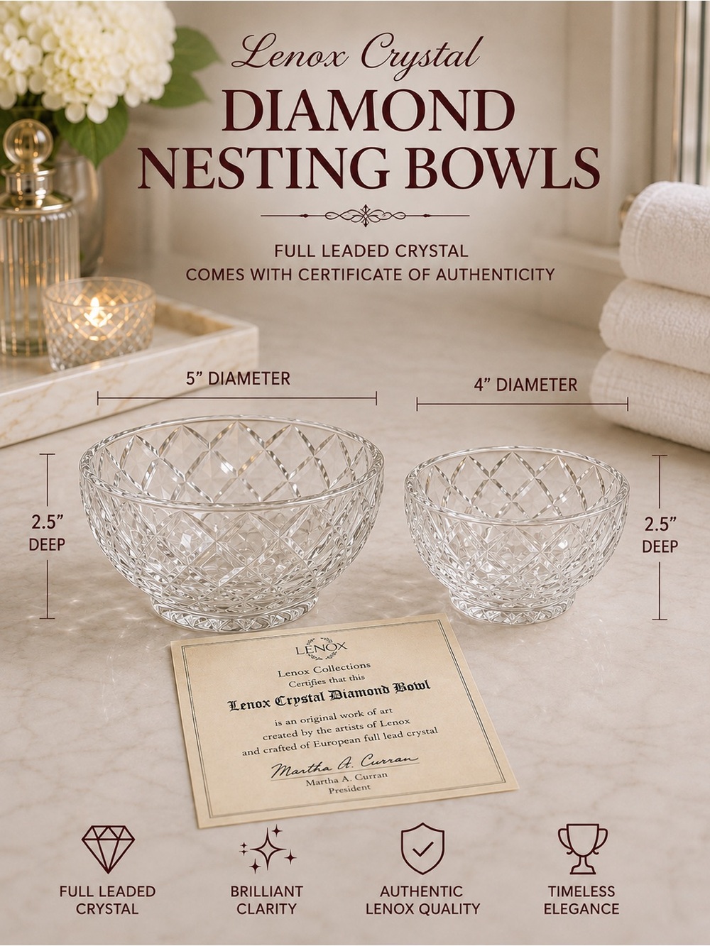 💥3/$50 Lenox Crystal Diamond Cert Lead Crystal Nesting Bowls | 4” & 5” | EUC